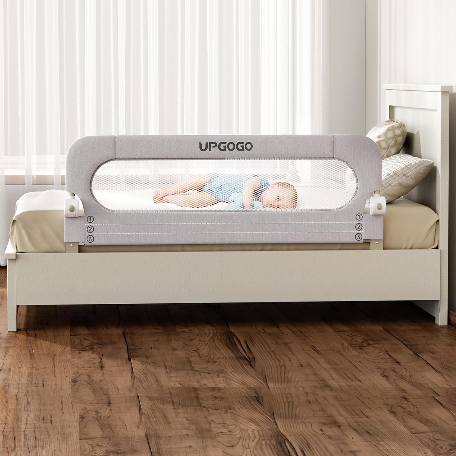 UPGOGO Folding Bed Rail for Toddlers,Baby Bed Rail Guard with Reinforced Anchor Safety System,Fit Bunk,Full Size,Queen,King,Twin(Grey,59"x23.6")