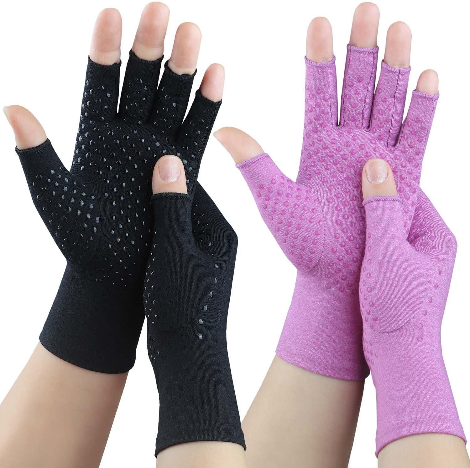 2 Pairs Arthritis Gloves, Compression Gloves for Women Men, Relieve Arthritis, Rheumatoid, Osteoarthritis, Carpal Tunnel Pain, Anti-Slip Fingerless Gloves for Hand Support (Pure Black+Purple,M)