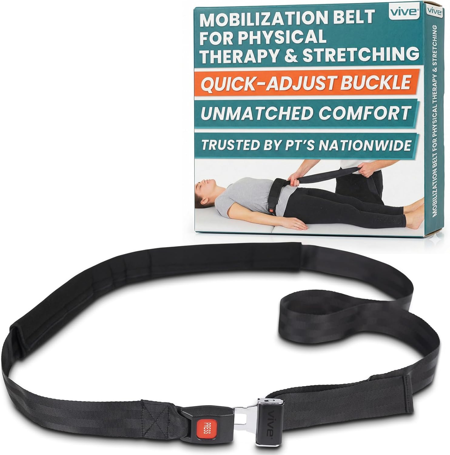 Vive Mobilization Belt for Physical Therapy with Buckle - Manual Traction Stretching Band - PT Traction Strap Belt for Stretching, Mobility, Massages & Exercise (Black)