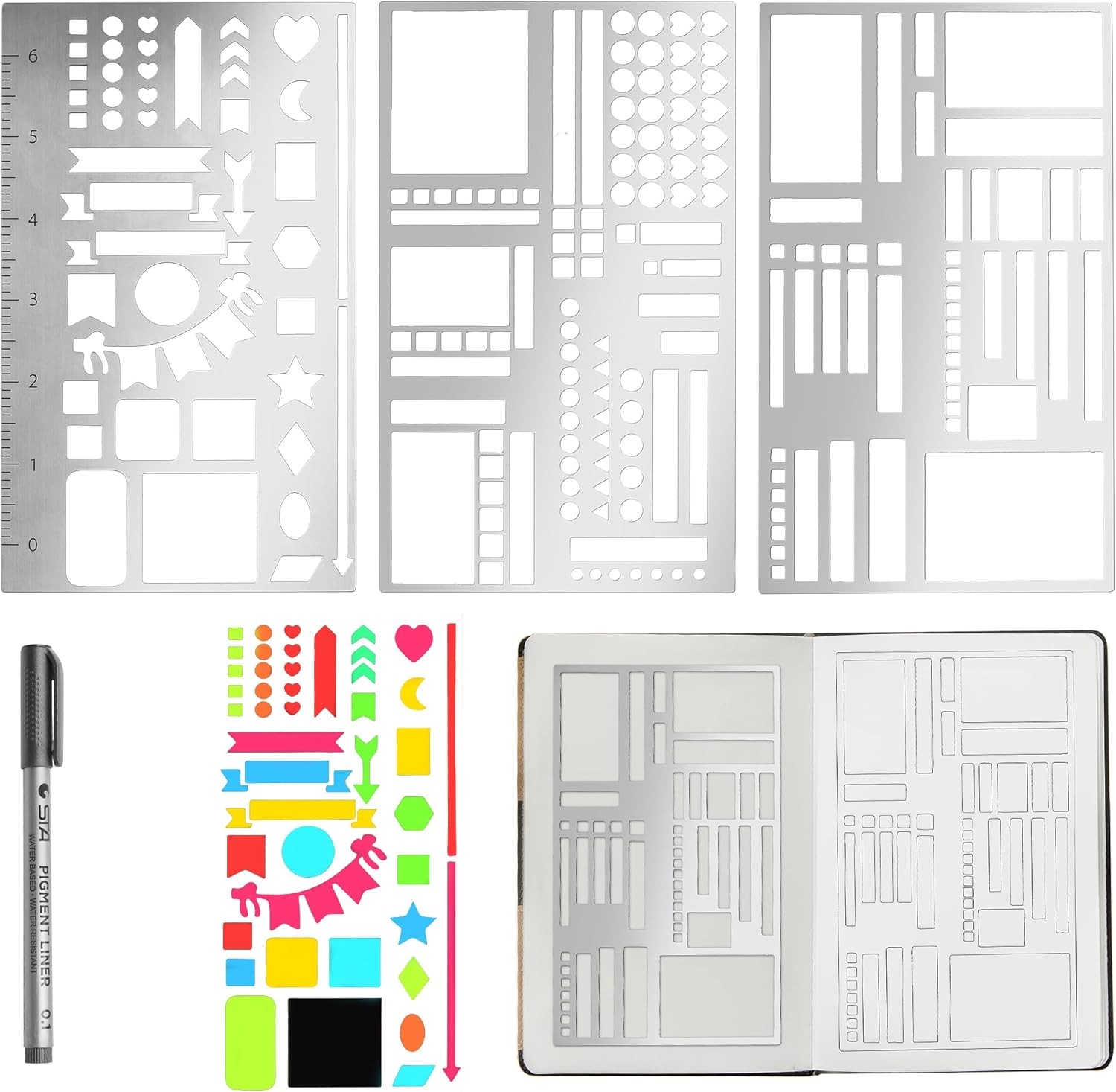 3pcs Metal Planner Stencil Set-Journal Stencil Templates with Ruler for Bullet Journaling, Habit Tracking, Weekly & Monthly Spreads, A5 Notebook Accessories, Rustproof Stainless Steel Design（1 Pen