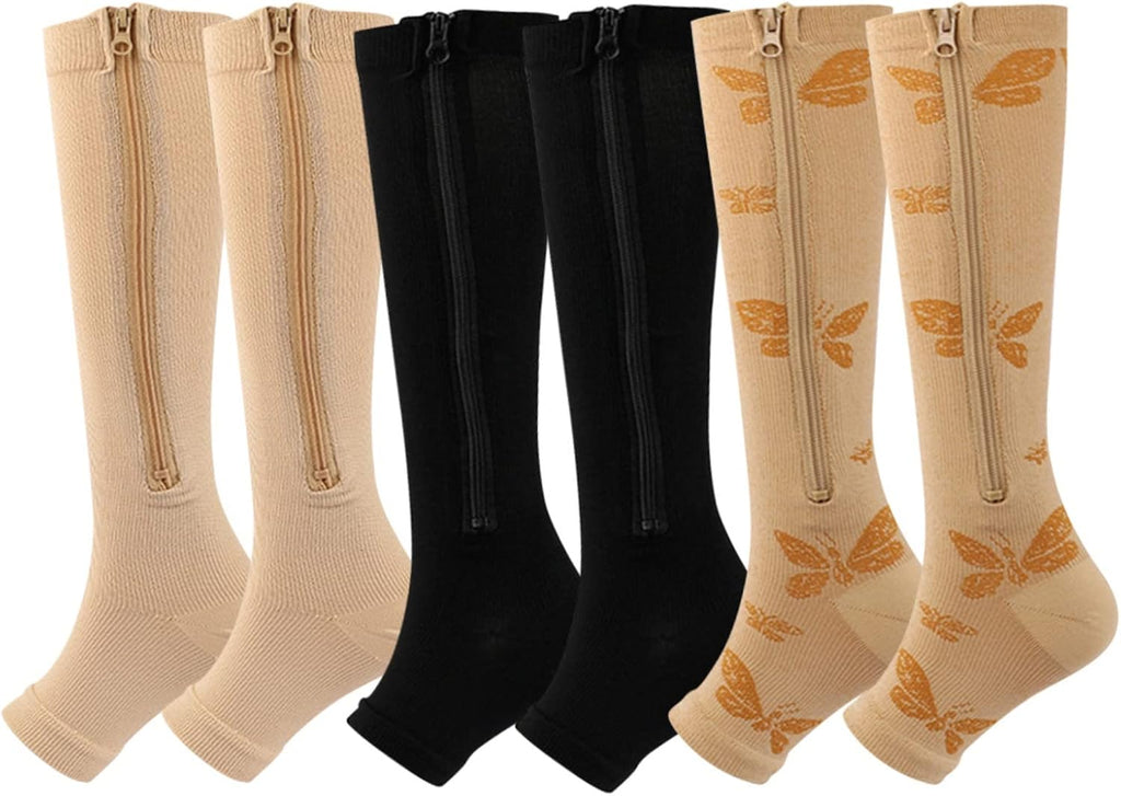 Valcatch 3 Pairs Zipper Compression Socks for Women Men 20-30 mmHg Support Hose Stockings Calf Knee High Running Walking