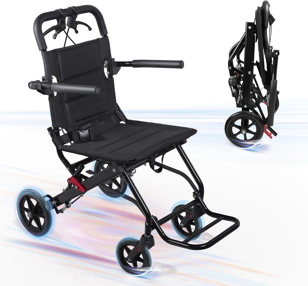 Ultra Lightweight Foldable Transport Wheelchair for Adults - Compact Portable Folding Travel Chair, Small Narrow Design for Tight Spaces, Lightweight Mobility Aid Suitable for Seniors & Kids