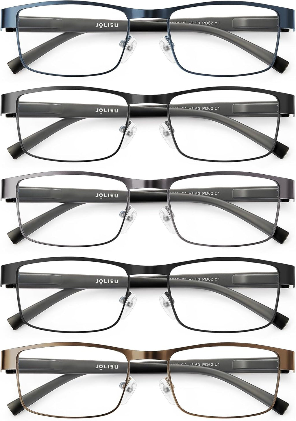 JOLISU 5PCS Reading Glasses Men - Blue Light Blocking Computer Metal Thin Frame Readers For Mens/Women（2.50）