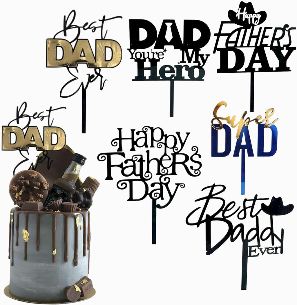 6 Pcs Happy Father's Day Cake Topper, Acrylic Dad Cupcake Topper Picks Happy Father's Day Letter Cake Topper for Dad Birthday Father's Day Party Cake Desserts Decoration Supplies (Black)