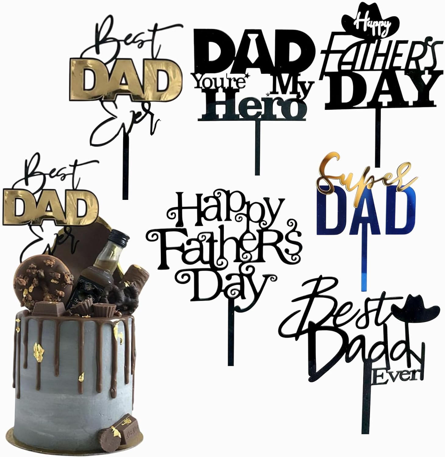 6 Pcs Happy Father's Day Cake Topper, Acrylic Dad Cupcake Topper Picks Happy Father's Day Letter Cake Topper for Dad Birthday Father's Day Party Cake Desserts Decoration Supplies (Black)