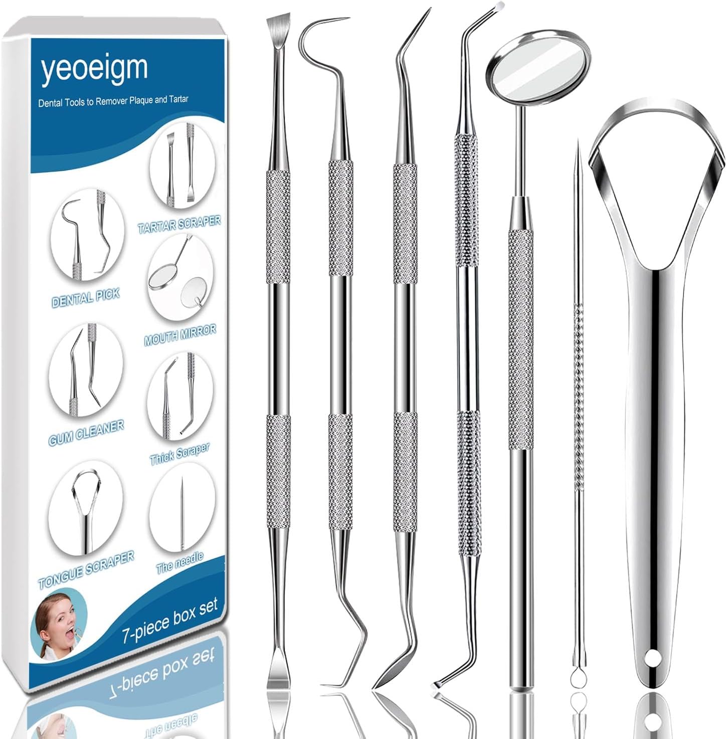 7pcs Dental Tools, Dental Pick Teeth Cleaning Tools Hygiene Kit, Professional Stainless Steel Tooth Scraper Plaque Tartar Cleaner - with Case, Personal Using, Pets - Teeth Cleaning Kit