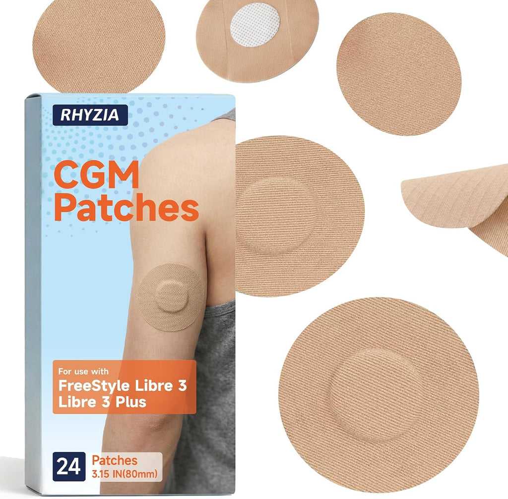 Freestyle Libre 3/Libre 3 Plus Sensor Covers, Non-Adhesive Center, Acrylic Pressure-Sensitive Adhesive, Breathable Waterproof Latex-Free, 24-Pack CGM Adhesive Patches, Low-Profile Fit (Nude)