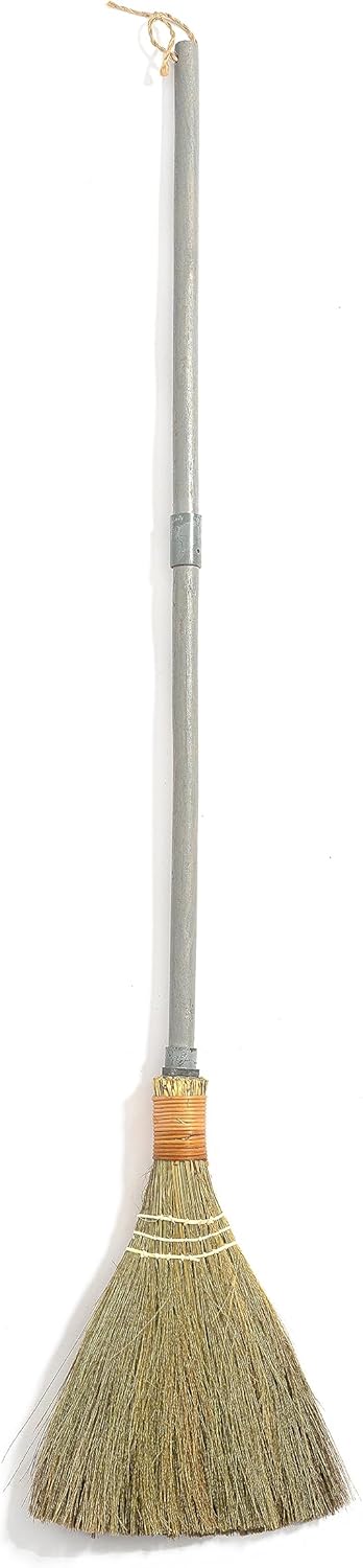 Vietnamese Straw Soft Broom - Small Whisk Broom with Grey Handle - Natural Sweeping Broom for Indoor, Outdoor Use - 9.84'' Width, 47.44'' Length