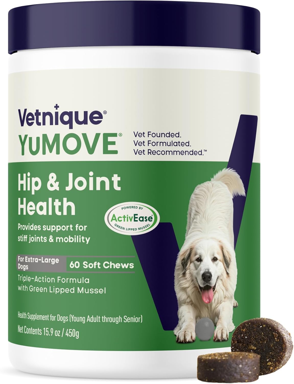 YuMOVE Hip & Joint Supplement for Large Dogs - with Glucosamine Chondroiton, Green Lipped Mussel, Hyaluronic Acid, and Omega 3 Joint Supplement for Stiffness and Mobility - 60 Chews (Large/XL Dogs)