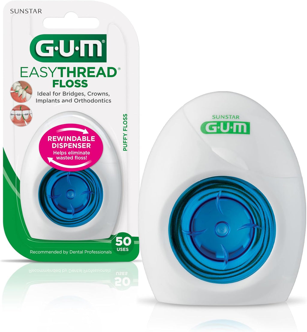 GUM EasyThread Threader Floss - Expanding Dental Floss for Braces, Bridges, and Implants - Built in Rigid Floss Threaders (50 Uses)