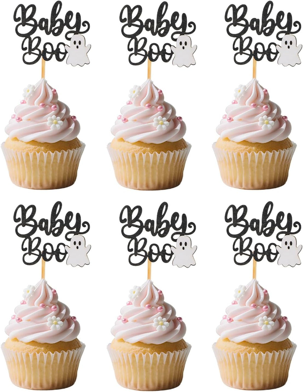 24pcs Baby Boo Cupcake Toppers, Glitter Ghost Cake Picks for Halloween & Baby Shower Decorations, Gender Reveal, Birthday Party Supplies
