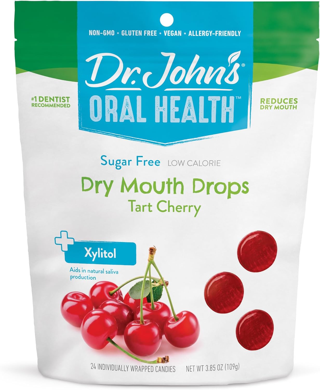 Dr. John's Healthy Sweets Tart Cherry Dry Mouth Drops with Zero Sugar, Dye Free, Plant Based, Keto Friendly, 24 Count, 3.85oz Bag