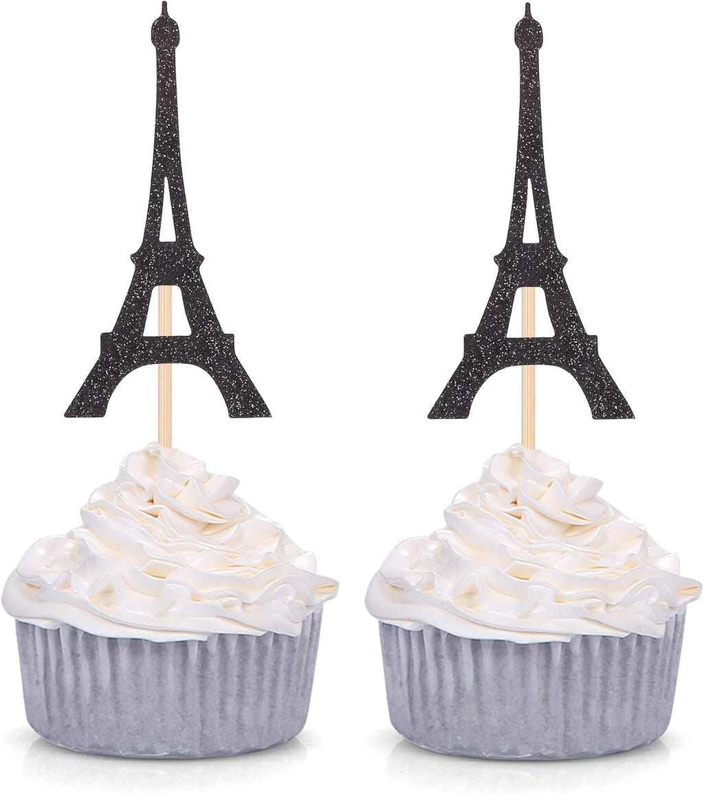Paris Theme Cupcake Toppers Eiffel Tower Shape Party Picks Wedding Bridal Shower Decorations - 24 Couts - Black
