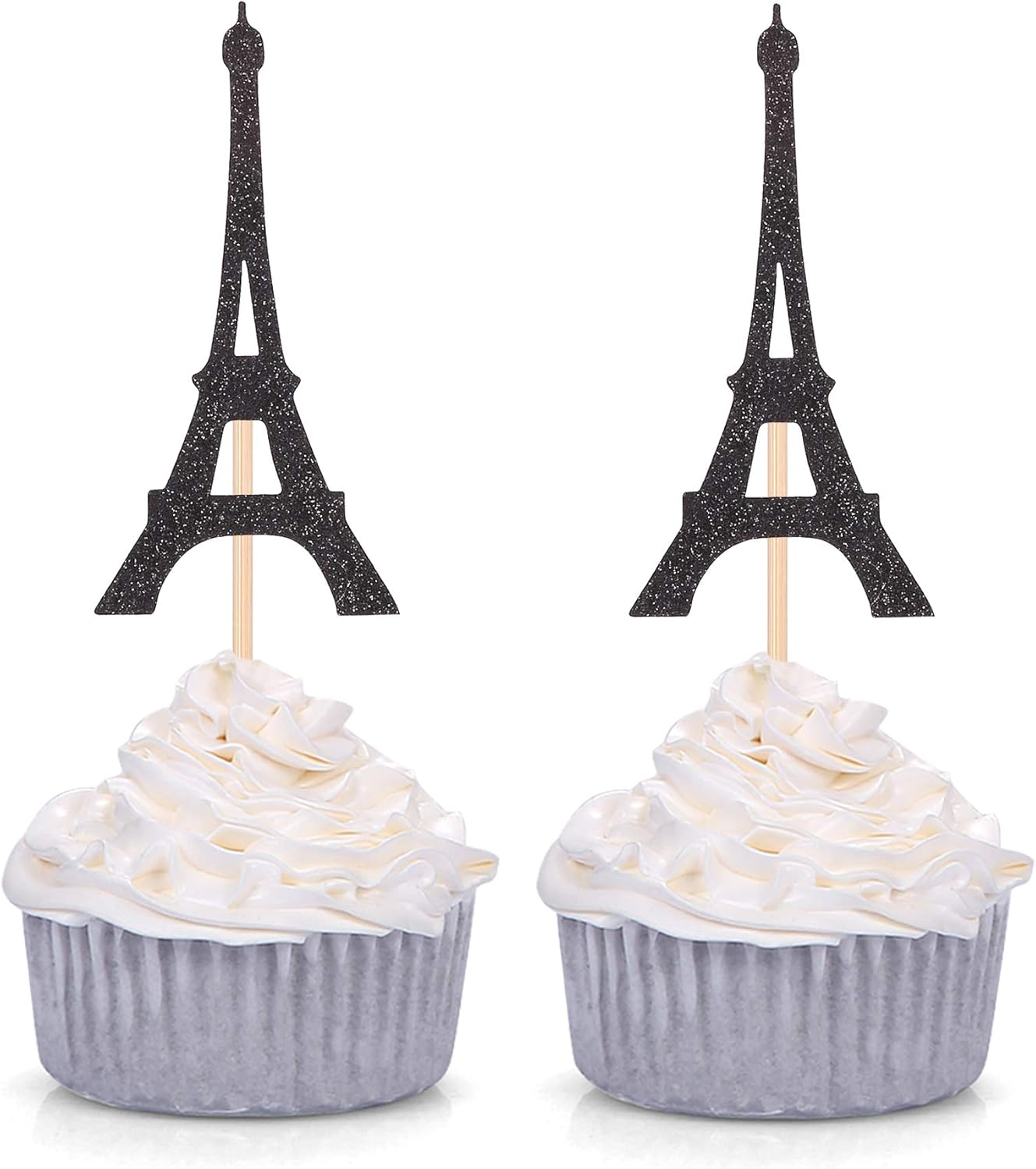 Paris Theme Cupcake Toppers Eiffel Tower Shape Party Picks Wedding Bridal Shower Decorations - 24 Couts - Black