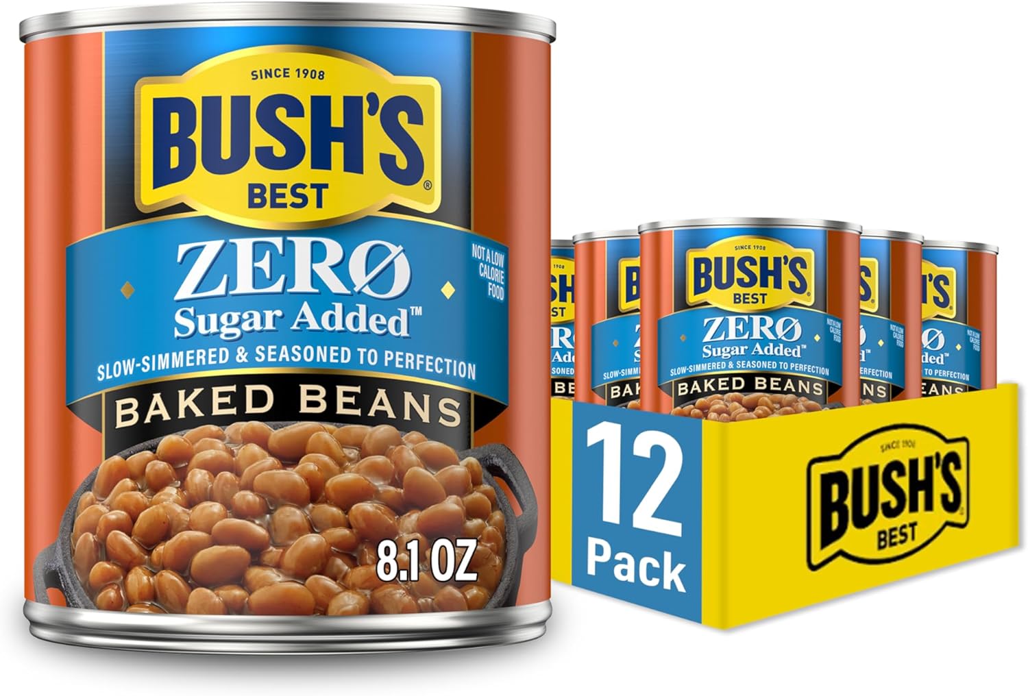 BUSH'S BEST 8.1 oz Canned Zero Sugar Added Baked Beans, Source of Plant Based Protein and Fiber, Low Fat, Gluten Free, (Pack of 12)
