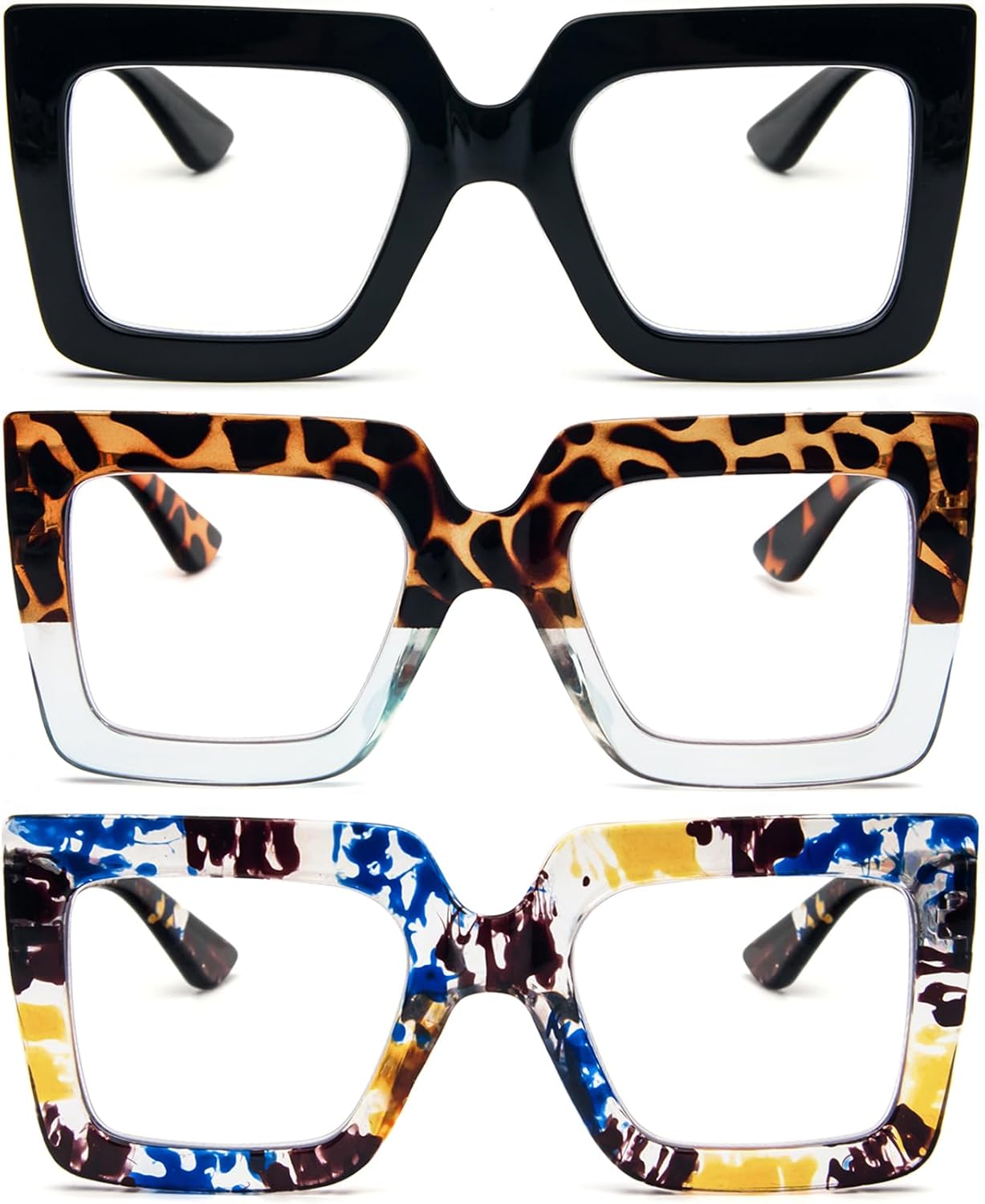 REAVEE 3 Pack Oversized Reading Glasses for Women Large Frame Extra Wide, Blue Light Blocking Stylish Thick Square Readers