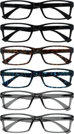 OPULIZE PEP Classic Reading Glasses for Women Men, Scratch Resistant Rectangular Frame with Spring Hinges, Black, Brown, Blue, Grey, +2 (Pack of 6)