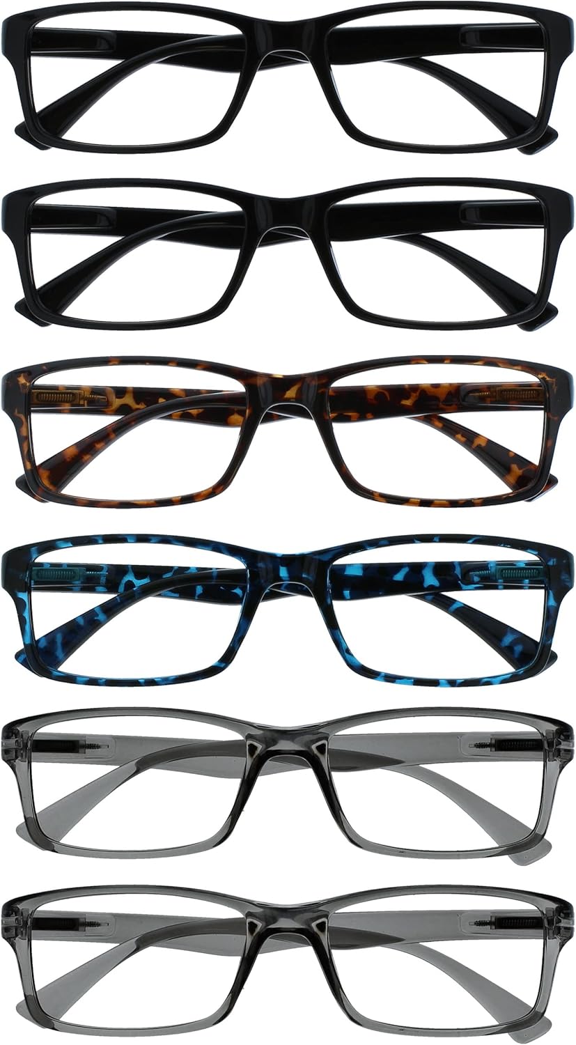 OPULIZE PEP Classic Reading Glasses for Women Men, Scratch Resistant Rectangular Frame with Spring Hinges, Black, Brown, Blue, Grey, +2.5 (Pack of 6)