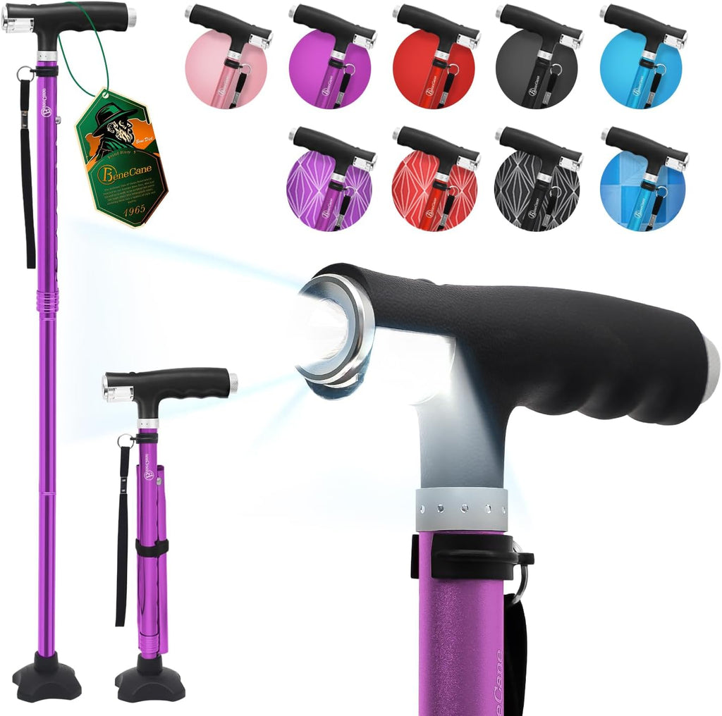 BeneCane Walking Cane for Women Folding Cane for Men with Two Led Lights Quad Cane with Stable Base Lightweight and Adjustable Walking Stick
