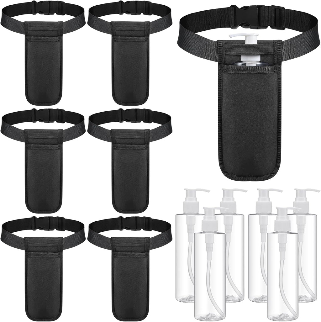 Eaasty 6 Sets Massage Bottle Holster Adjustable Single Holster and 8 oz Plastic Pump Dispenser Bottles for Lotion Massage Oil, Black