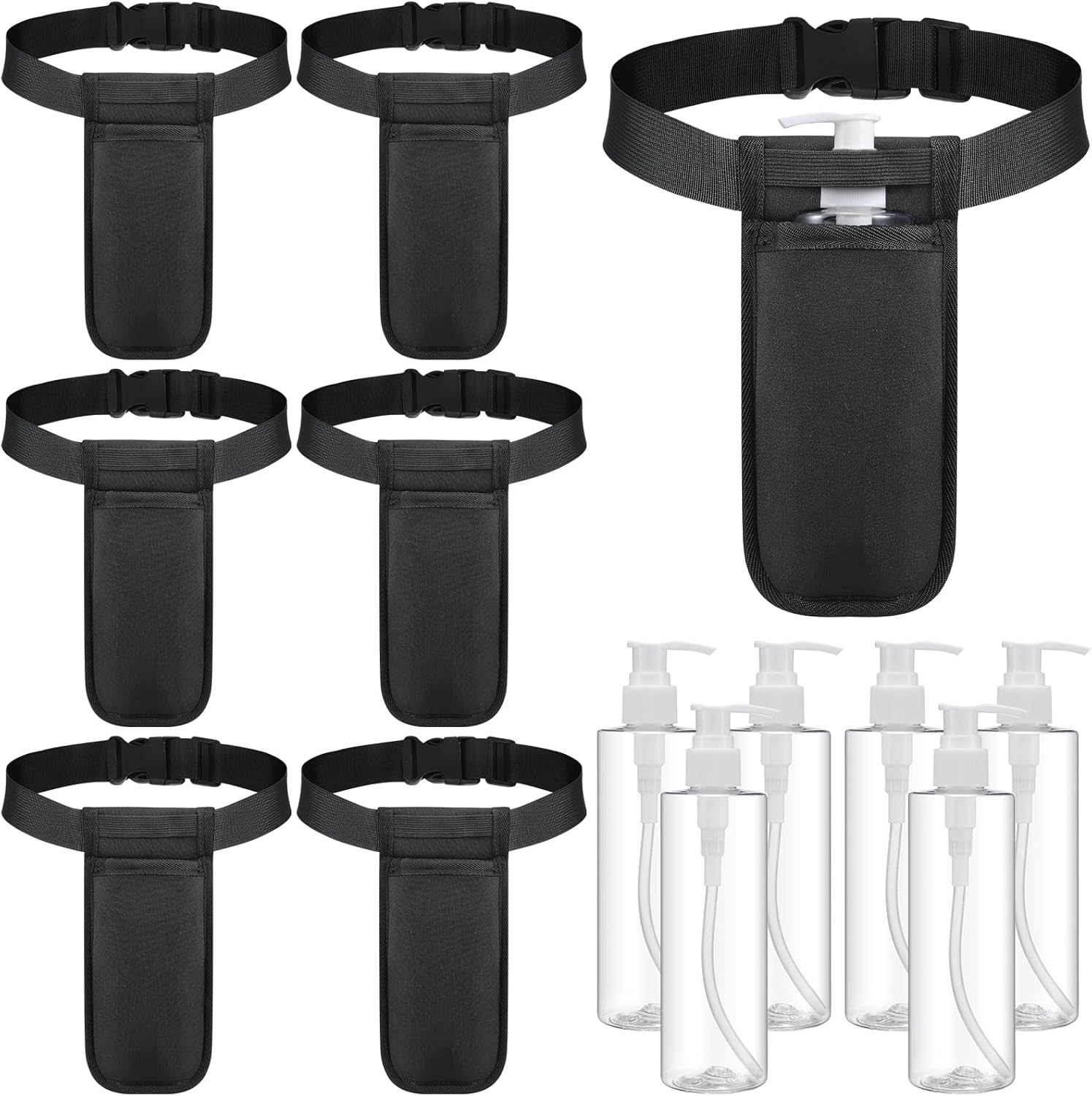 Eaasty 6 Sets Massage Bottle Holster Adjustable Single Holster and 8 oz Plastic Pump Dispenser Bottles for Lotion Massage Oil, Black