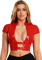 Womens Glossy Leather Crop Tops Wet Look Latex Corset Bustier Adjustable Buckles Tank Tops