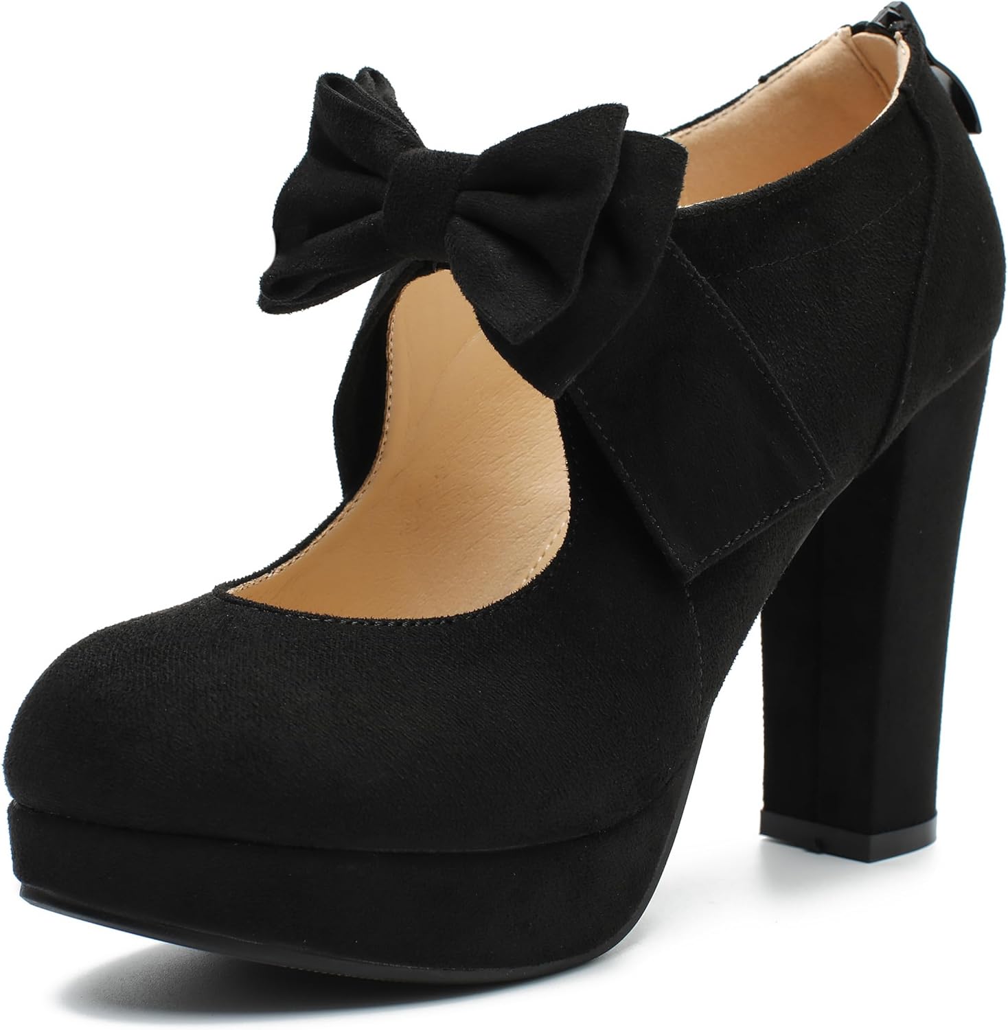fereshte Women's Platform Mary Jane Pumps with Bow, High Block Heel, Closed Toe, Zip Closure