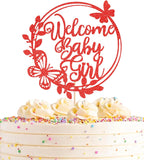 Welcome Baby Girl Cake Topper - Red Glitter Baby Shower Cake Decorations, Baby Girl Cake Decor, for Baby Shower/Birthday Party/Gender Reveal Party Photo Booth Props