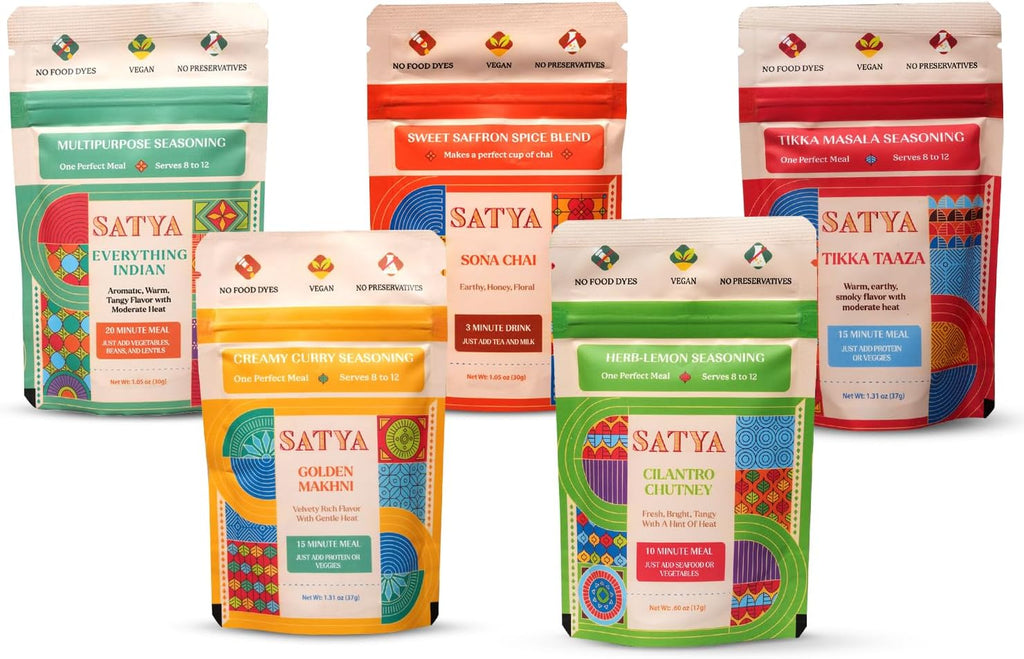 Satya Indian Spice Seasoning Variety Pack(Pack of 5) – Spice Blend Mix - Vegan, Gluten & Dye Free, Low Sodium Authentic Indian Masala