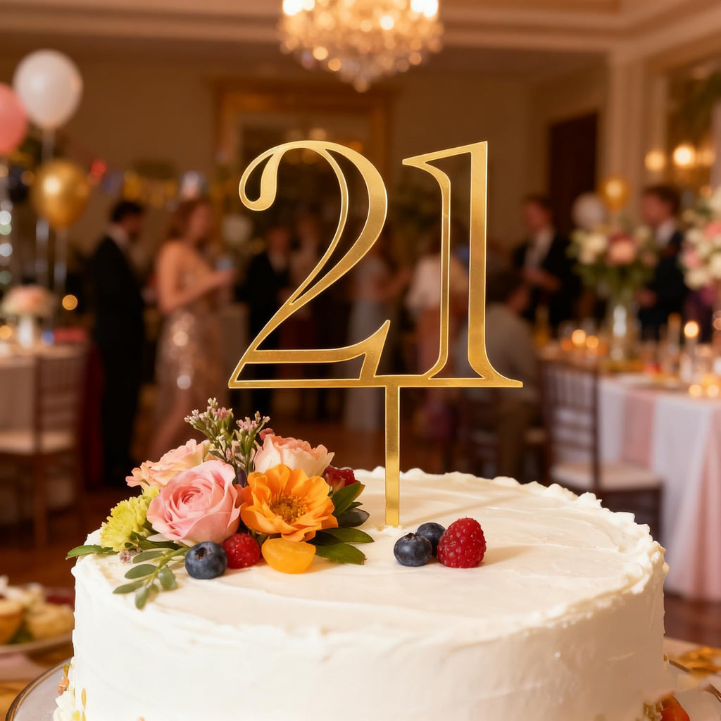 Gold Acrylic Number 21 Cake Topper, Happy 21st Birthday Cake Decoration, Twenty One Years Old Cake Pick Decoration For 21st Anniversary Celebrating Party Supplies, 6.4 inches (21)