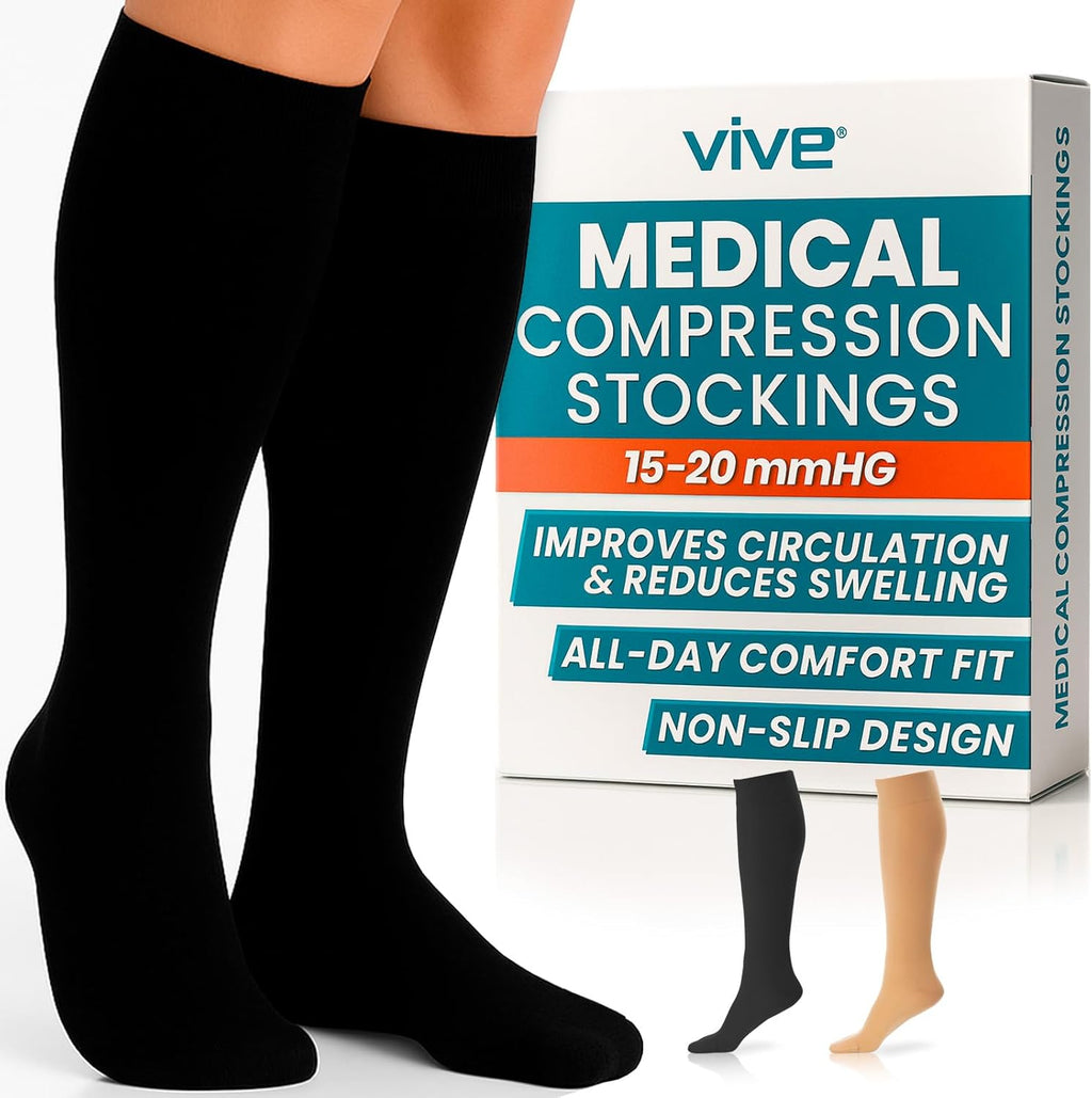 Vive Knee High Compression Socks for Women & Men – 15-20mmHg Medical Support Stockings for Varicose Veins, Swelling, Soreness & Airplane Travel – Breathable TED Hose for Legs & Feet (Beige,Black)