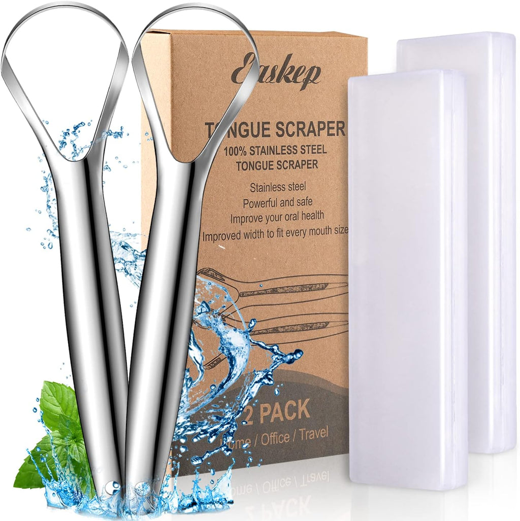 Tongue Scraper (2 Pack), Wide-head Tongue Cleaner with Nice Carrying Box, Easkep 100% Stainless Steel Tongue Scrapers Cleaners, for Men, Women, Adults, Kids