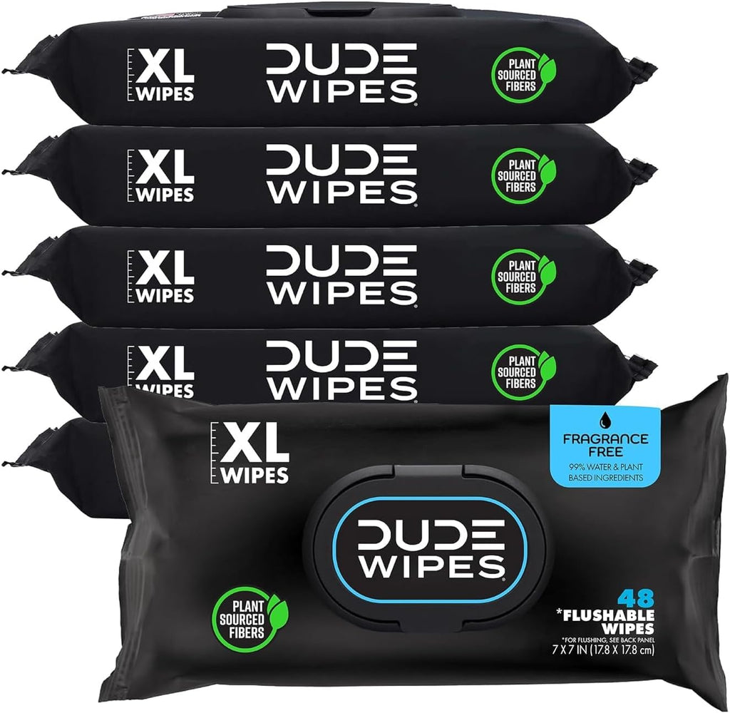 DUDE Wipes Unscented Flushable Wipes - Extra-Large Adult Wet Wipes for Sensitive Skin - 6 Pack (288 Count) - Infused with Vitamin E and Aloe - Septic and Sewer Safe