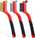 Lavaxon Wire Brush Set 3Pcs - Nylon/Brass/Stainless Steel Bristles with Curved Handle Grip for Rust, Dirt & Paint Scrubbing with Deep Cleaning – 7 Inches (Red)