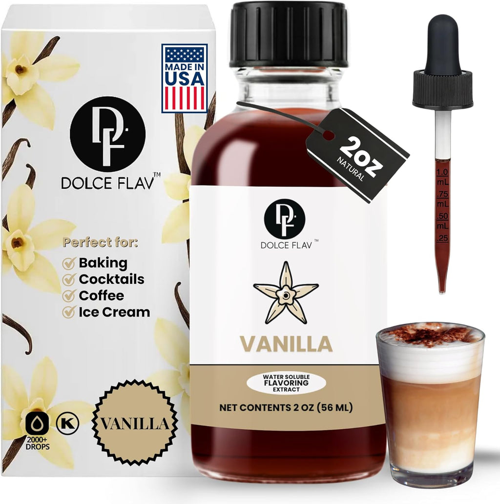 Dolce Flav Natural Water-Soluble Flavor Extracts – Sugar-Free, Kosher, Allergen-Free Concentrated Flavorings for Baking, Desserts, Beverages & More, Vanilla Extract, 2 oz