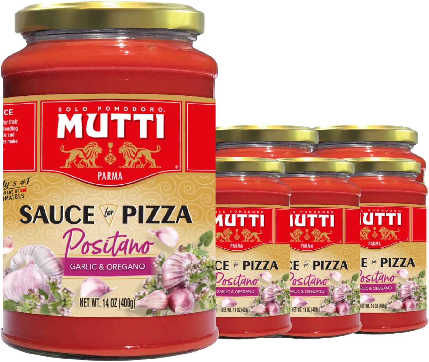 Mutti Positano Sauce for Pizza with Garlic & Oregano, 14 oz. | Italy’s #1 Brand of Tomatoes | Pack of 6 | Tomato Sauce for Pizza | Vegan Friendly & Gluten Free | No Additives or Preservatives