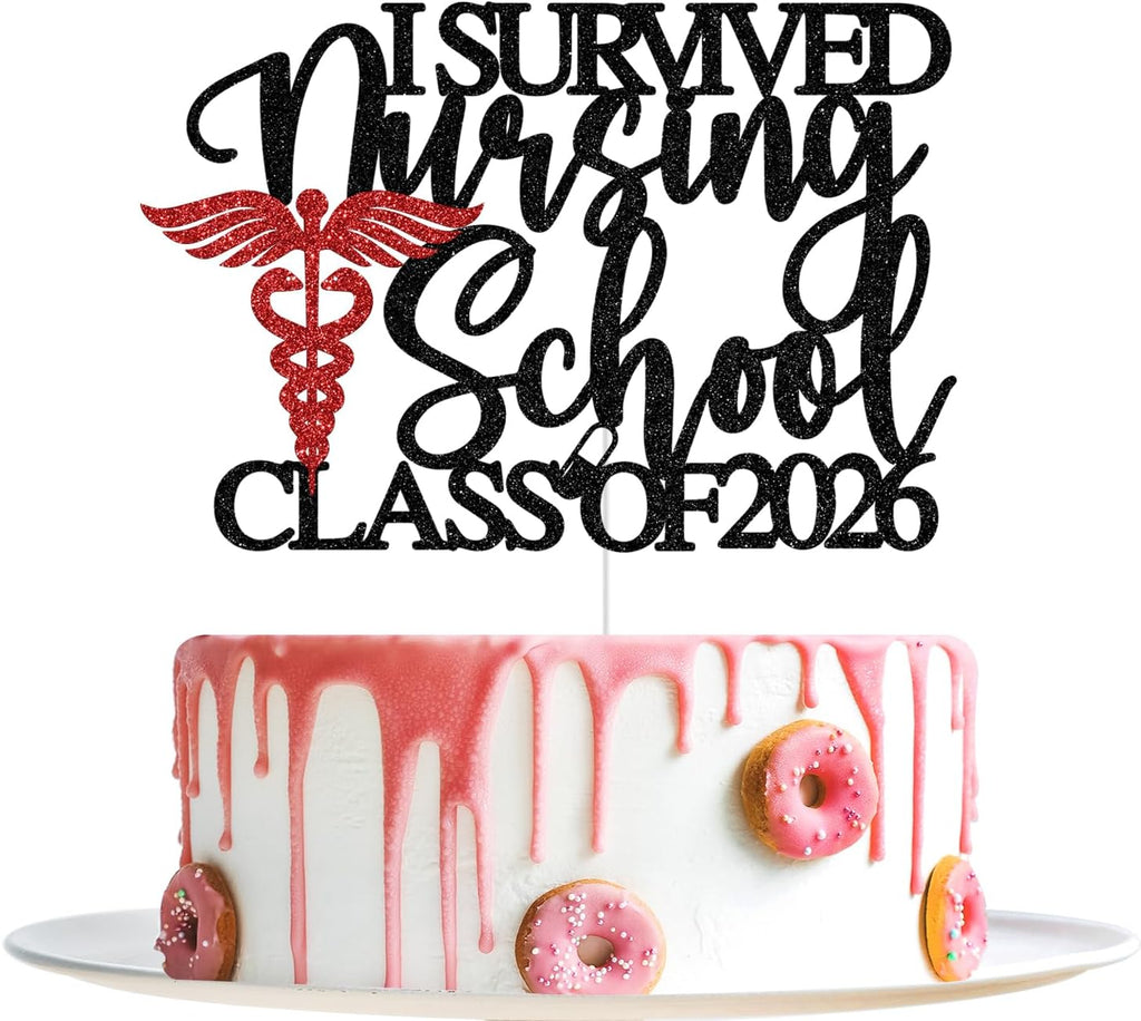 I Survived Nursing School Cake Topper - Class of 2026 Nurse Graduation Decorations - Congrats Nurse RN, Nursing School Graduation Party Decorations, Black and Red Glitter