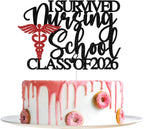I Survived Nursing School Cake Topper - Class of 2026 Nurse Graduation Decorations - Congrats Nurse RN, Nursing School Graduation Party Decorations, Black and Red Glitter