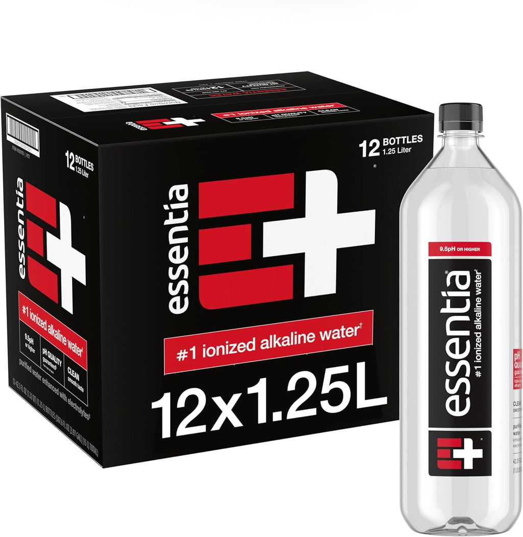 Essentia Water LLC , 99.9% Pure, Infused with Electrolytes for a Smooth Taste, pH 9.5 or Higher; Ionized Alkaline Water, Black, 42.3 Fl Oz (Pack of 12)