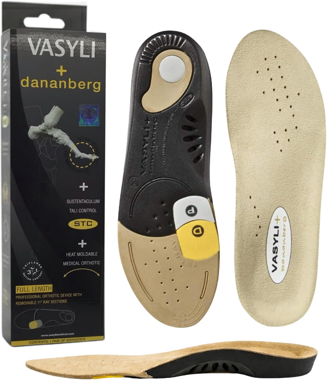 Vasyli Dananberg 1st Ray Orthotic Insole, Full-Length Shoe Insert for Men & Women, Removable Forefoot Plugs, Heat Moldable, Tri-Planar Motion Control, Medium Size