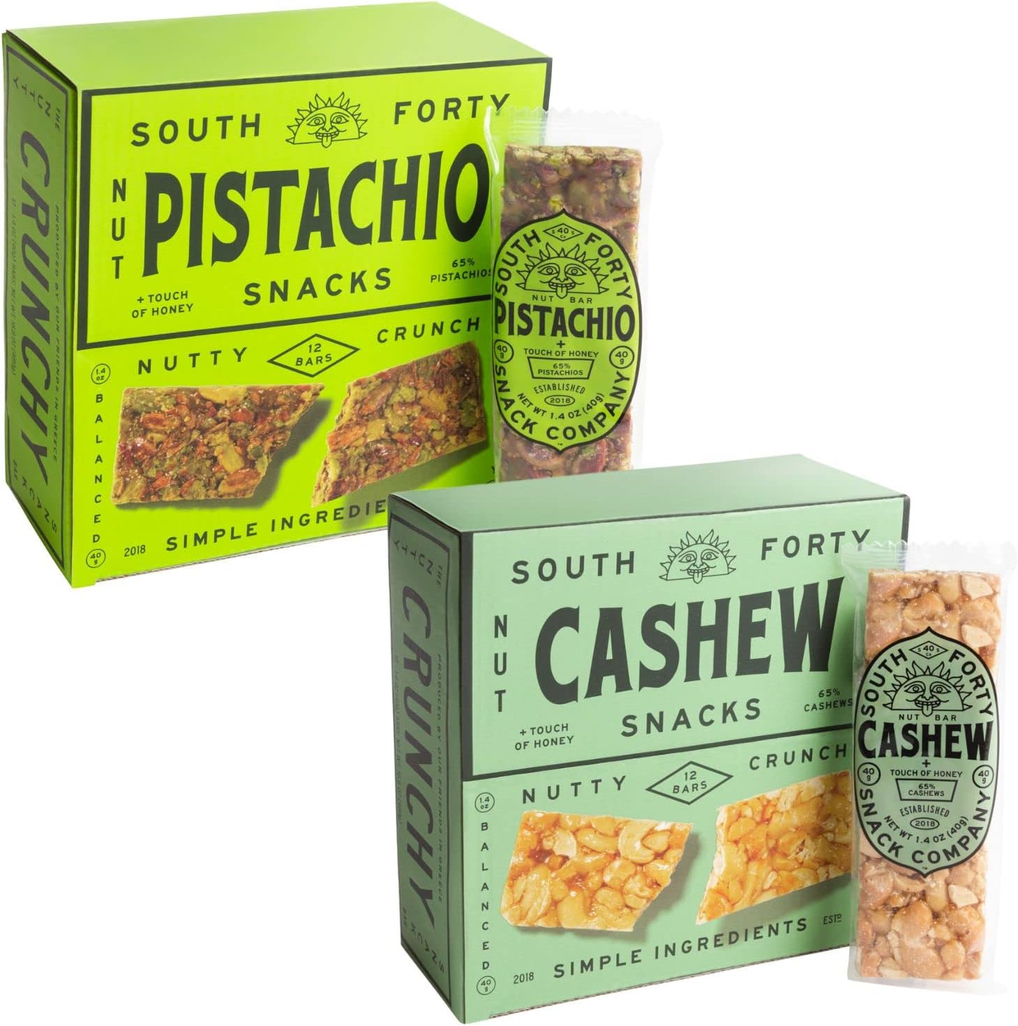 South 40 Snacks Pistachio and Cashew Bars, Extra Crunchy Nut Snack Bar, Simple Ingredients, Honey and Sugar, Unique Delicious Healthy Nut Clusters(40g Bar, Pack of 12)