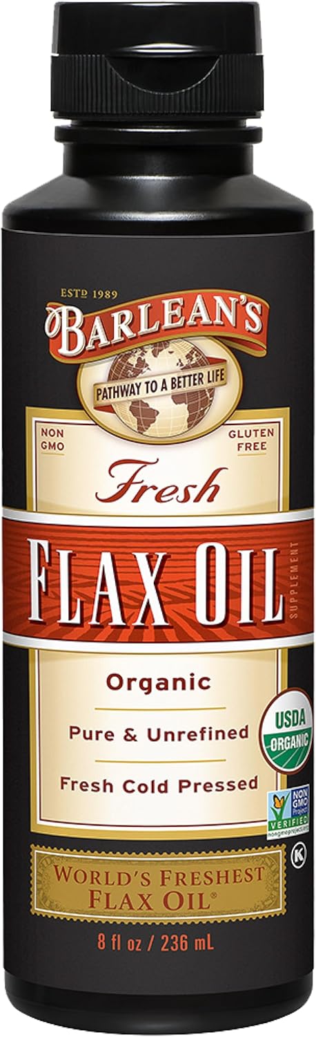 Barlean's Organic Flaxseed Oil Liquid from Fresh Cold Pressed Flax Seeds, 7,640mg ALA Omega 3 Fatty Acid Supplement for Skin and Hair Care, Vegan & Gluten Free, 8 oz
