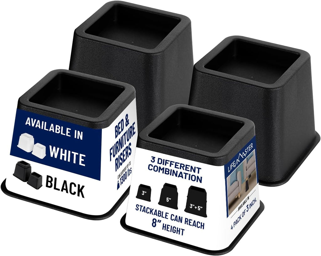 Lifemaster Furniture Riser Set - 4 Pieces Non-Slip Design Furniture Leg Riser fits with Bed, Chair, Table, Sofa, Desk, and Couches - Black