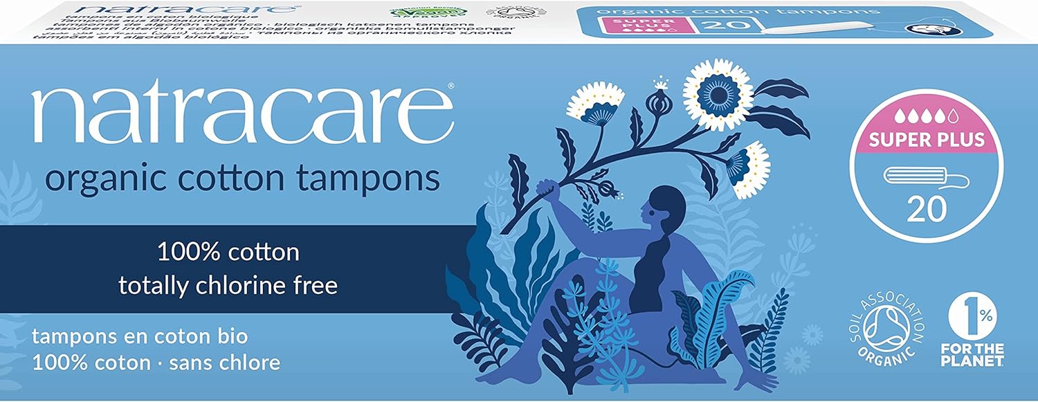 Natracare Non-Applicator 100% Organic Cotton Tampons, Super Plus, Totally Chlorine Free, Biodegradable and Compostable (12 Pack, 240 Tampons Total)