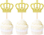 Ercadio 24 Pack Crown Cupcake Toppers Gold Glitter Prince Royal Crown Cupcake Picks King Crown Cupcake Decors for Prince Theme Baby Shower Party Decoration Supplies