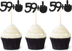 24 Pieces 59 + 1 Cupcake Toppers Funny 60th Birthday Cupcake Picks Glitter Black Middle Finger Cake Toppers for Happy 60th Birthday Party Anniversary Decorations