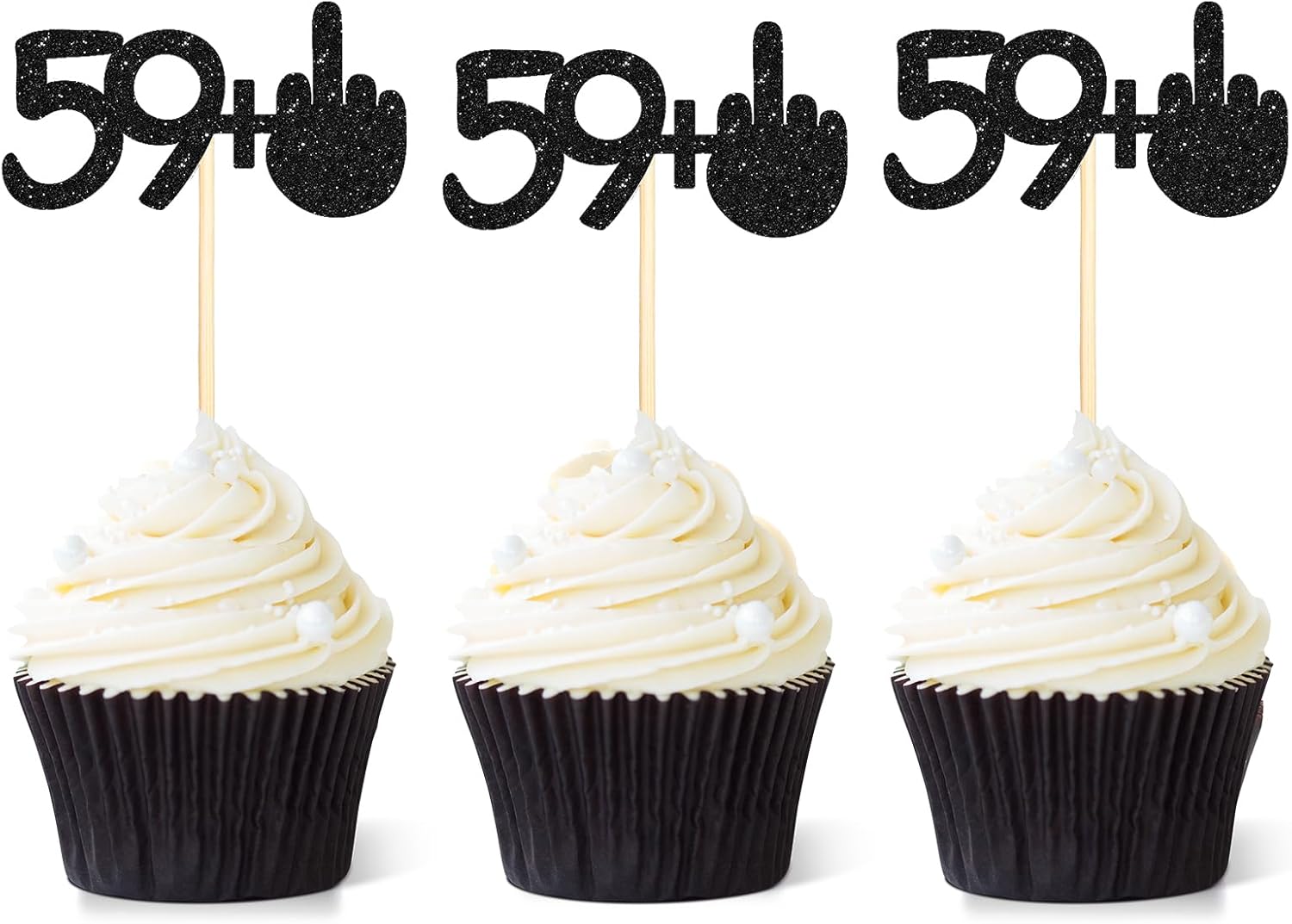 24 Pieces 59 + 1 Cupcake Toppers Funny 60th Birthday Cupcake Picks Glitter Black Middle Finger Cake Toppers for Happy 60th Birthday Party Anniversary Decorations