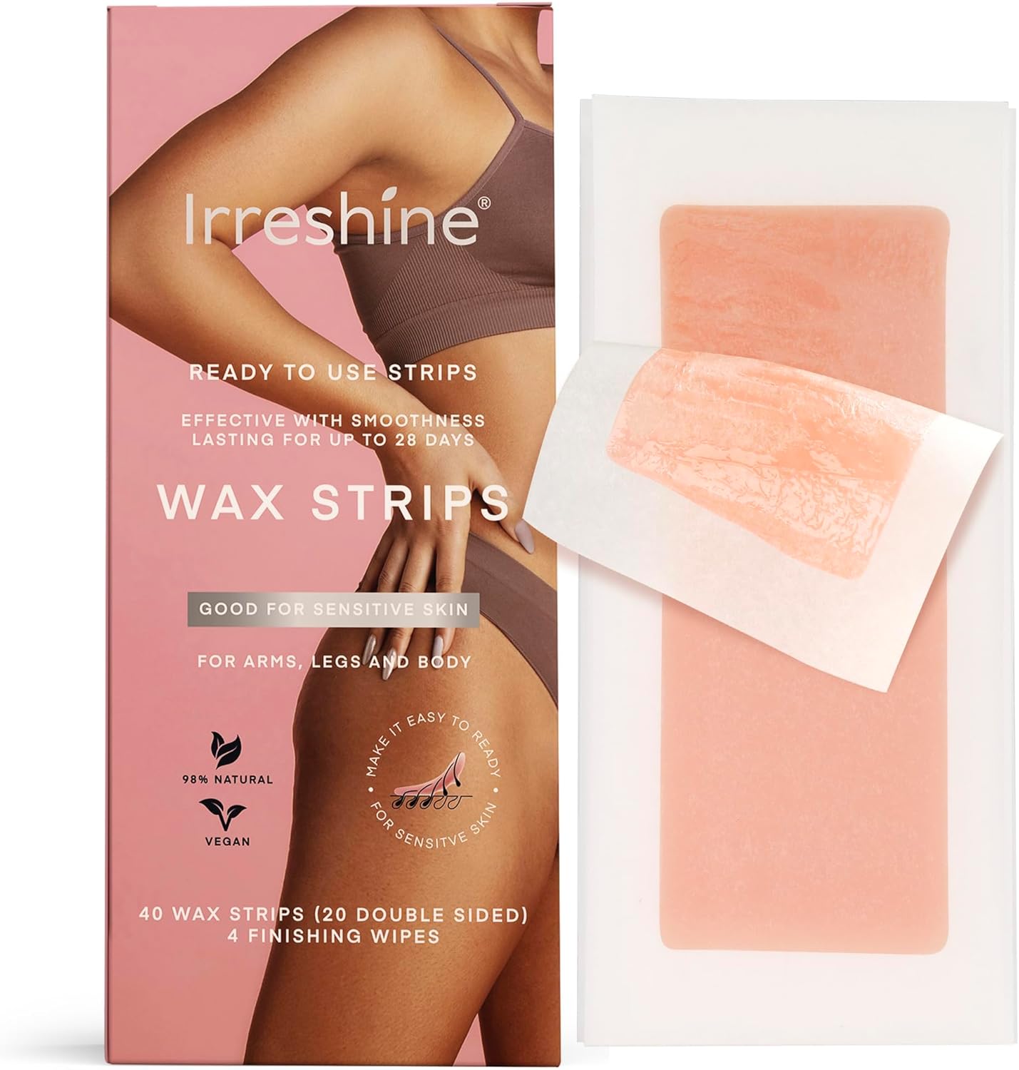 Wax Strips Hair Removal for Women: Natural Home & Travel Brazilian Body Waxing Strip for Bikini Armpit Leg - Vegan & Sensitive Skin Friendly, 40 Ct With Wipes