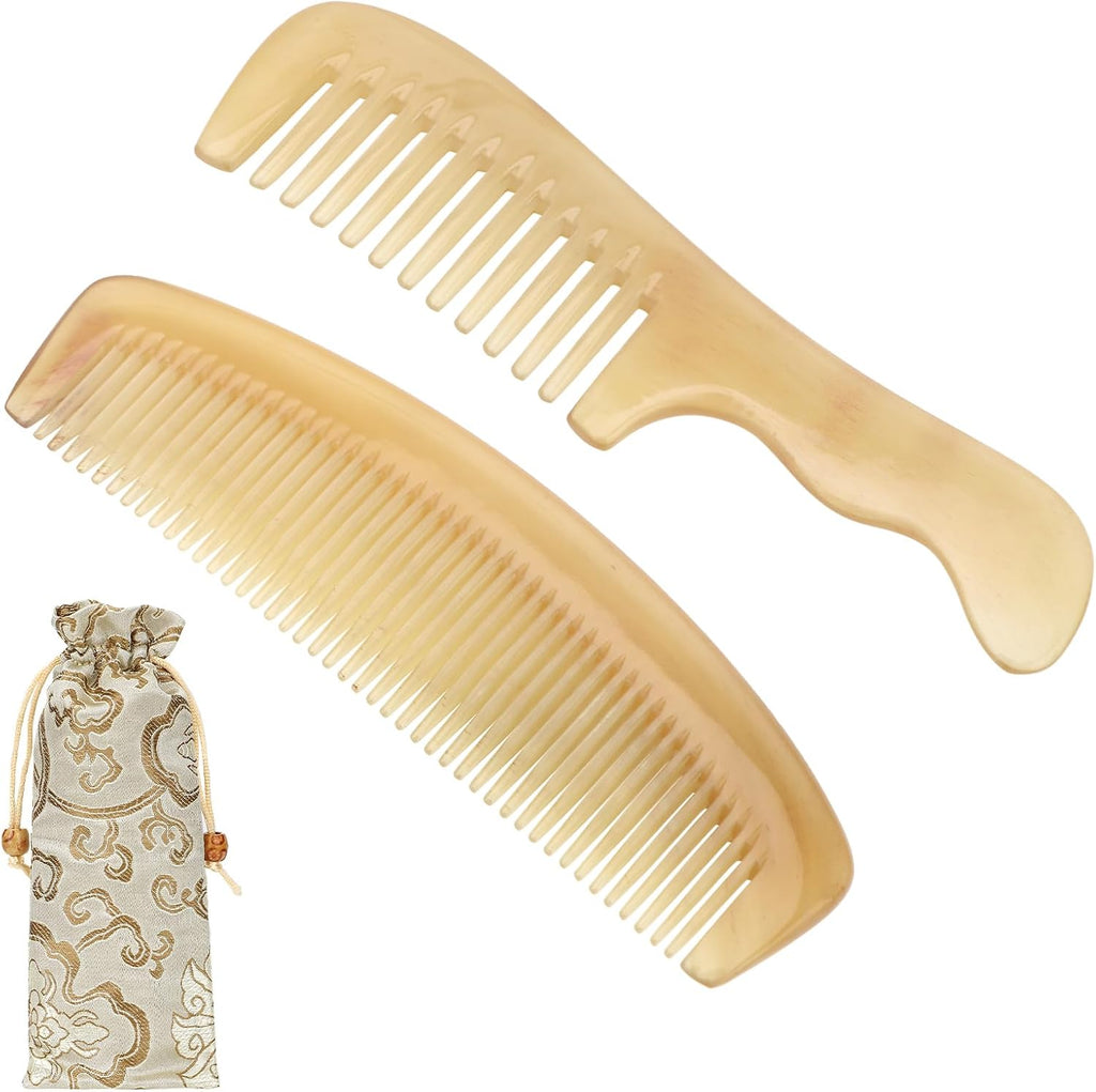 kilofly Genuine No Static Natural Sheep Horn Comb [Set of 2] + Carrying Pouch