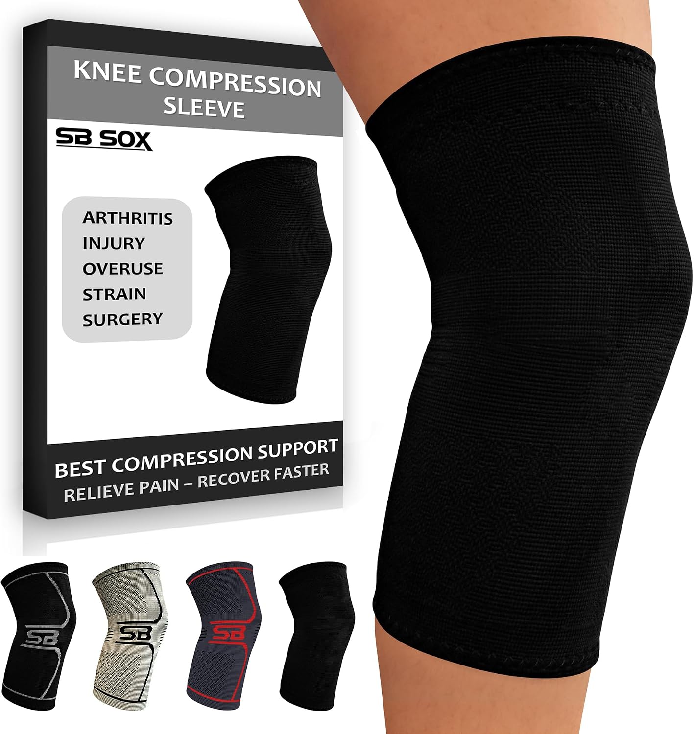 SB SOX Compression Knee Brace - Great Support That Stays in Place - Perfect for Recovery, Everyday Use - Best Treatment for Pain Relief, Meniscus Tear, Arthritis (Solid Black, Medium)